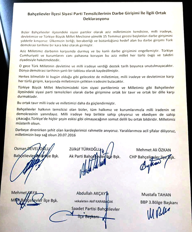 Bahçelievler'deki siyasetçiler ortak deklarasyon yayınlandılar