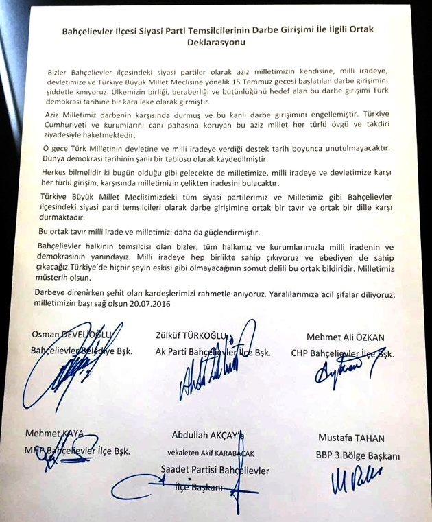 Bahçelievler'deki siyasetçiler ortak deklarasyon yayınlandılar
